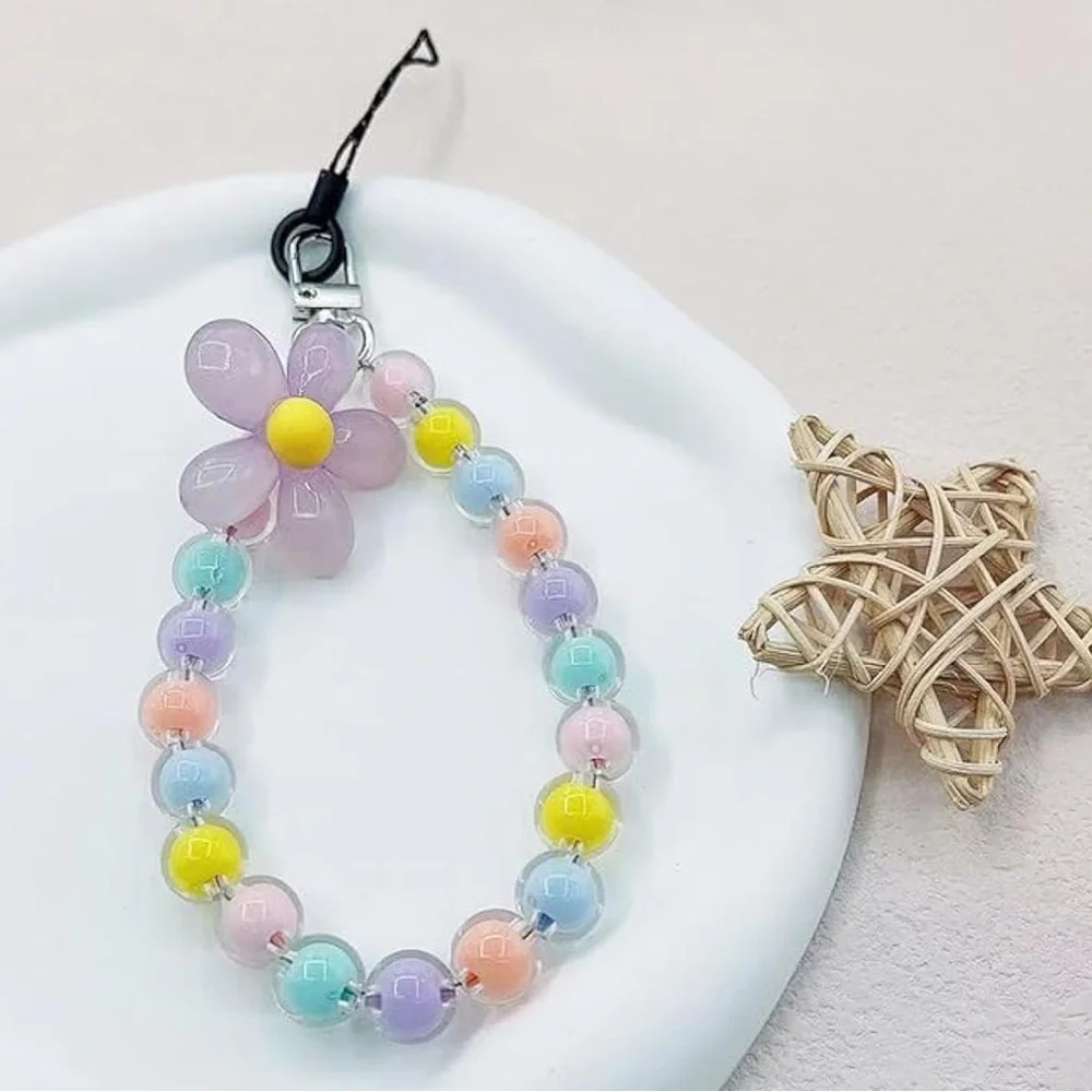 Colorful Pastel Beaded Flower Wrist Phone Lanyard Bracelet Keychain NWT
